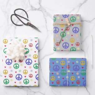 Fun and Fancy Peace Sign, Flowers & Hearts Wrapping Paper Sheet
