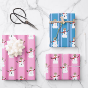 Fun and Fancy Pink & Blue Snowman Detective Wrapping Paper Sheet