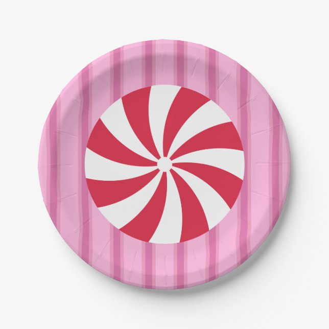 Fun and Fancy Pink Christmas Peppermint Candy Paper Plate (Front)