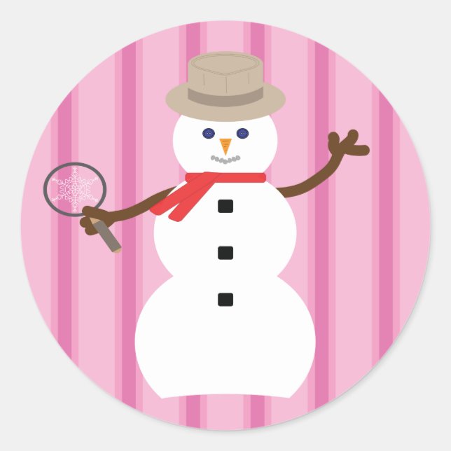 Fun and Fancy Pink Snowman Detective Classic Round Sticker (Front)