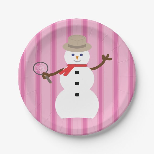 Fun and Fancy Pink Snowman Detective Paper Plate (Front)