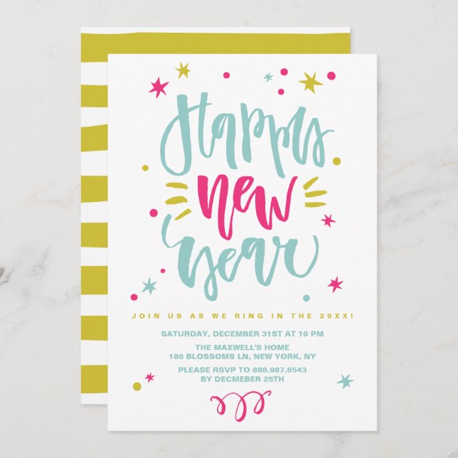 Fun and Festive Calligraphy New Year's Eve Party Invitation (Front/Back)
