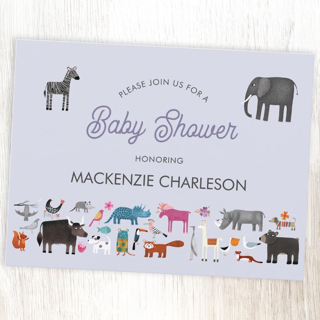 Fun Animal Baby Shower Invitation Postcard (Animal personalized baby shower invitation, with safari, jungle, wild, zoo & pet animals and birds)