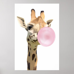 Fun Animal Design Pink Bubblegum Blowing Giraffe  Poster