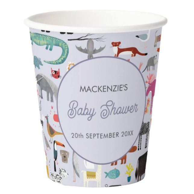 Fun Animal Personalised Baby Shower Paper Cups (Jungle, safari, zoo, wild and pet animals and bird design personalized baby shower paper cups)