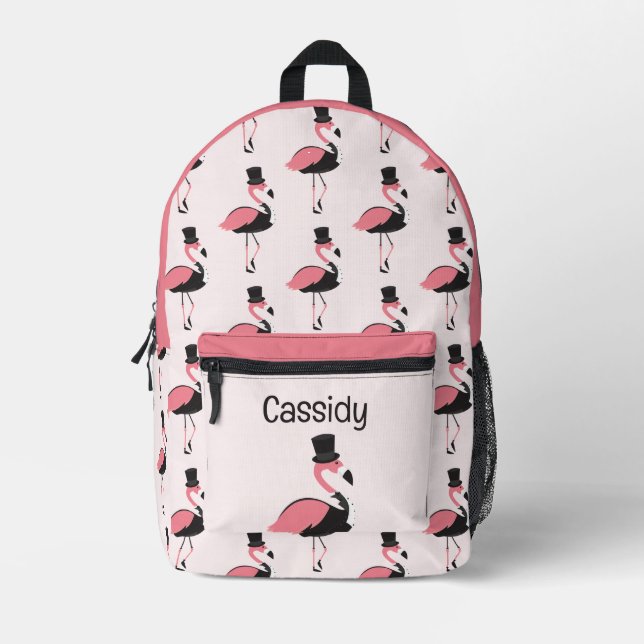 Fun Animal Tuxedo Pink Flamingo Kids Name Printed Backpack (Front)