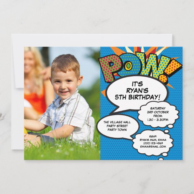 Fun Any Age Modern Birthday Party Photo Comic Blue Invitation (Front)