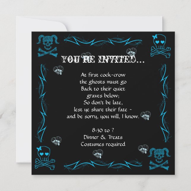 Fun Aqua Blue Girl Gothic Skulls Halloween Party Invitation (Front)