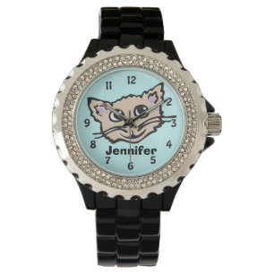 Fun aqua girls cat kitten graphic name wrist watch