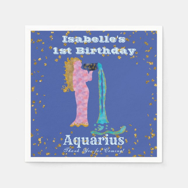 Fun Aquarius First Birthday & Gold Confetti   Napkin (Front)