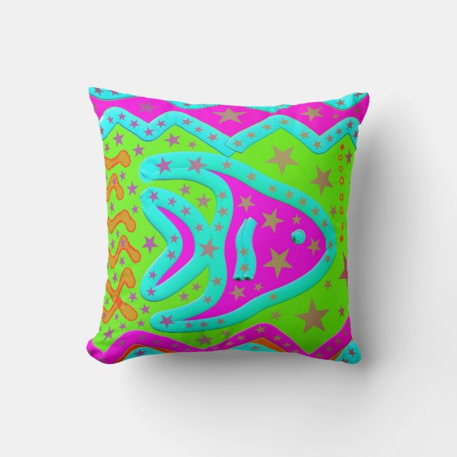 Fun Aquatic Fish Stars Colourful Kids Doodle Cushion (Front)