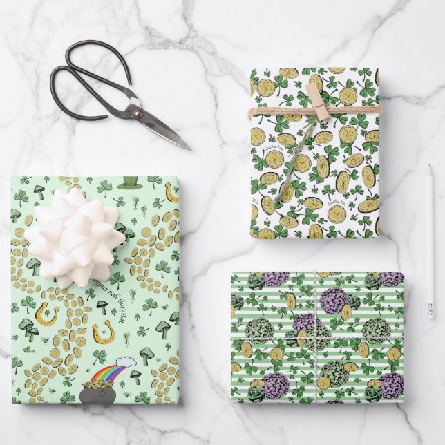 Fun Artsy Irish Shamrock Rainbow Leprechaun Green Wrapping Paper Sheet (Front)