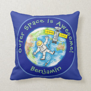 Fun astronaut with satellite over earth cartoon cushion