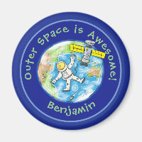Fun astronaut with satellite over earth cartoon