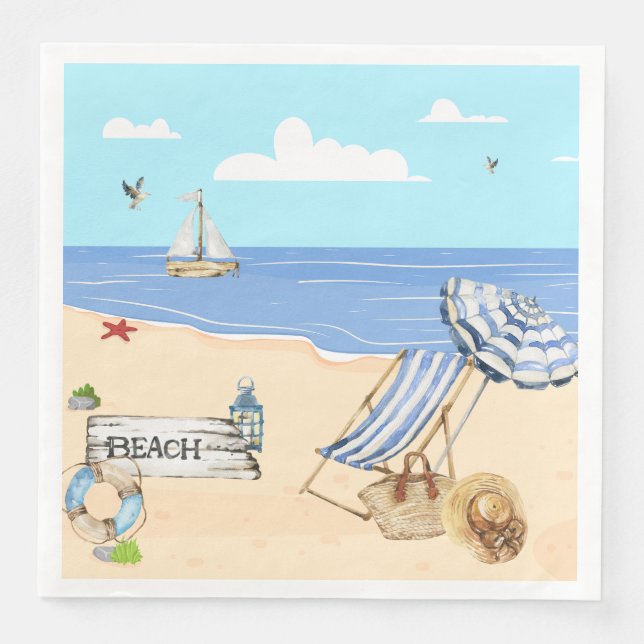 Fun At the Beach Blue Aqua Watercolor Scene Napkin (Front)