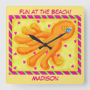 Fun at the Beach Whimsy Octopus Yellow Name Square Wall Clock
