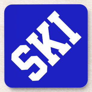 Fun Athletic Diagonal White SKI Text On Navy Blue Coaster