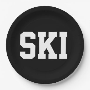 Fun Athletic Sporty White SKI Text On Royal Blue Paper Plate