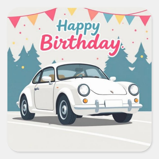 Fun Auto-Themed Happy Birthday Square Sticker (Front)