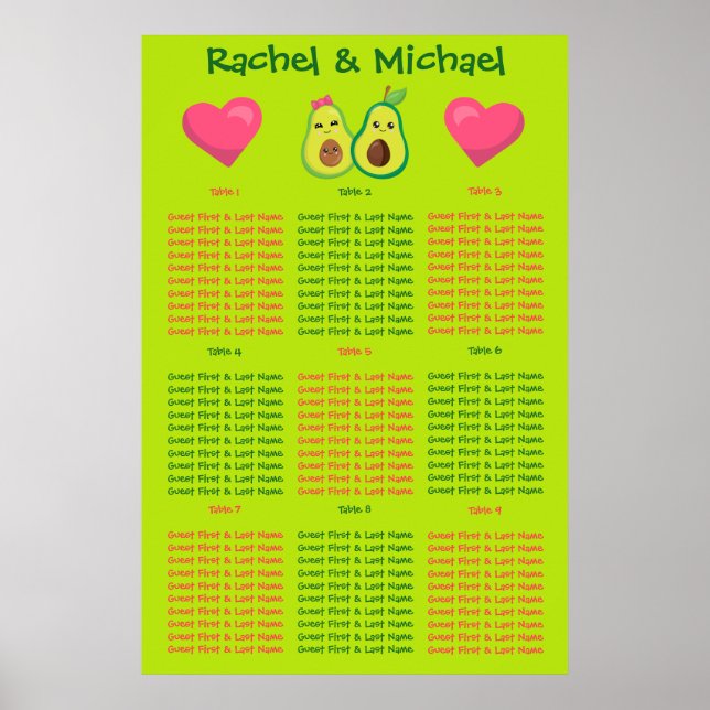 Fun Avocado Colorful Seating Chart (Front)