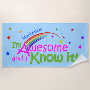 Fun Awesome and I know it YOUR NAME on LIGHT BLUE Beach Towel