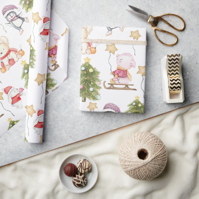 Fun Baby Animals Stars Trees Christmas Wrapping Paper (Crafts)
