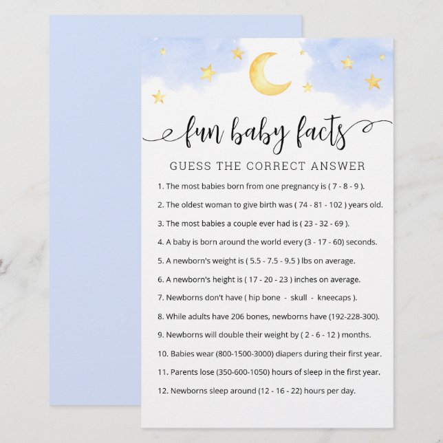 Fun Baby Facts Game with Answers Baby Shower party (Front/Back)