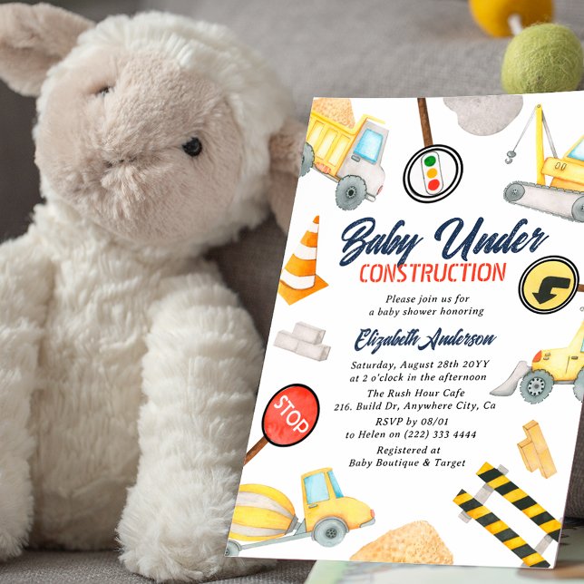 Fun 'Baby Under Construction' Cute Boy Baby Shower Invitation (Creator Uploaded)