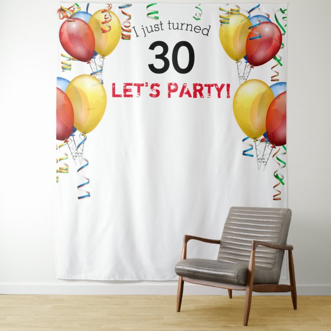 Fun Balloon 30th Birthday Backdrop, Photo Booth Tapestry (In Situ)