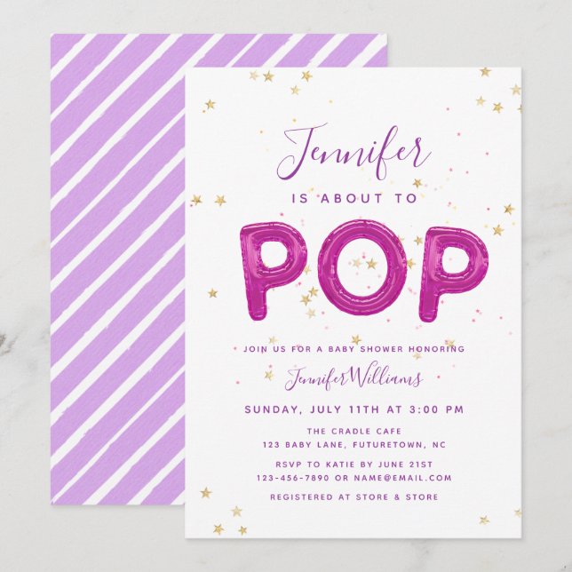 Fun Balloon Pretty Pink Purple Girl Baby Shower Invitation (Front/Back)