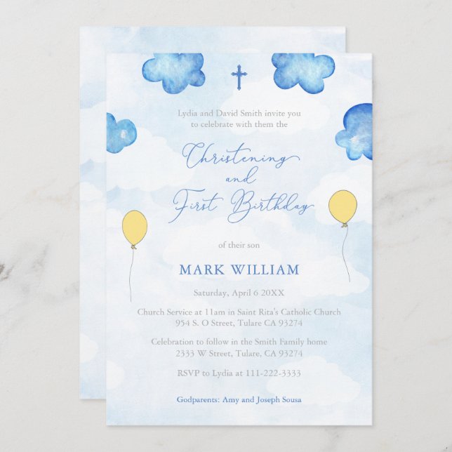 Fun Balloons Christening First Birthday Party Invitation (Front/Back)