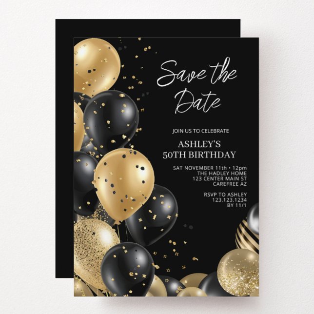 Fun Balloons Gold Black 50th Birthday Invitation (Creator Uploaded)