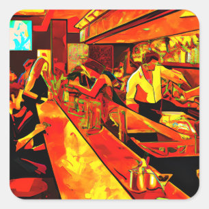 Fun Bar Scene   Bartender and Customers Square Sticker