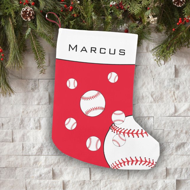 Fun Baseball Balls Red Boy`s Name Kids Small Christmas Stocking (Creator Uploaded)