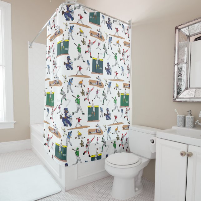 Fun Baseball Players Illustrations Pattern Shower Curtain (In Situ)