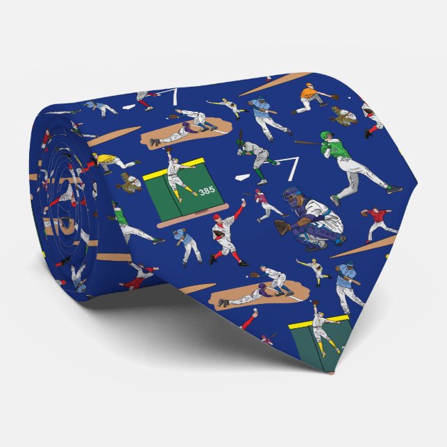 Fun Baseball Players Illustrations Pattern Tie (Rolled)