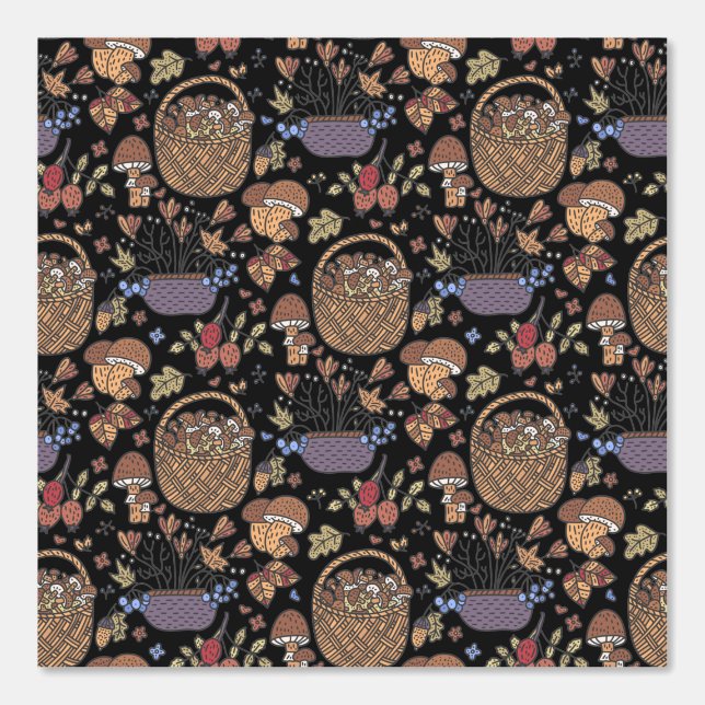 Fun Basket of Mushrooms Pattern on Black Wallpaper (Front)
