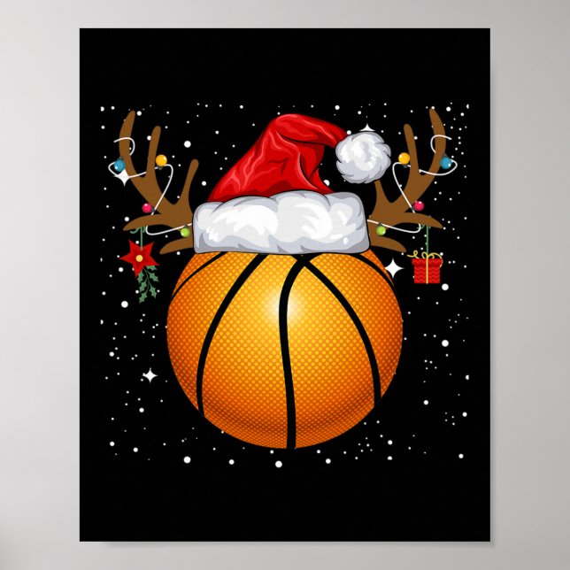 Fun Basketball Reindeer Santa Hat Christmas Holida Poster (Front)