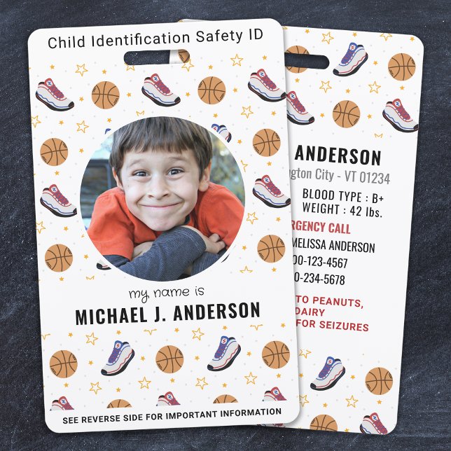 Fun Basketball Sports Custom Modern Photo Child ID ID Badge (Creator Uploaded)