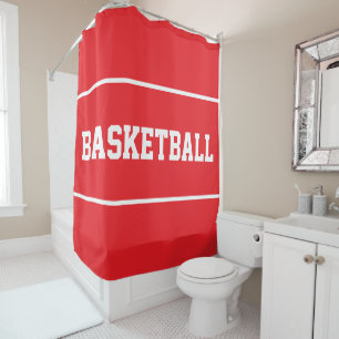 Fun BASKETBALL White Text Stripes On Bright Red Shower Curtain