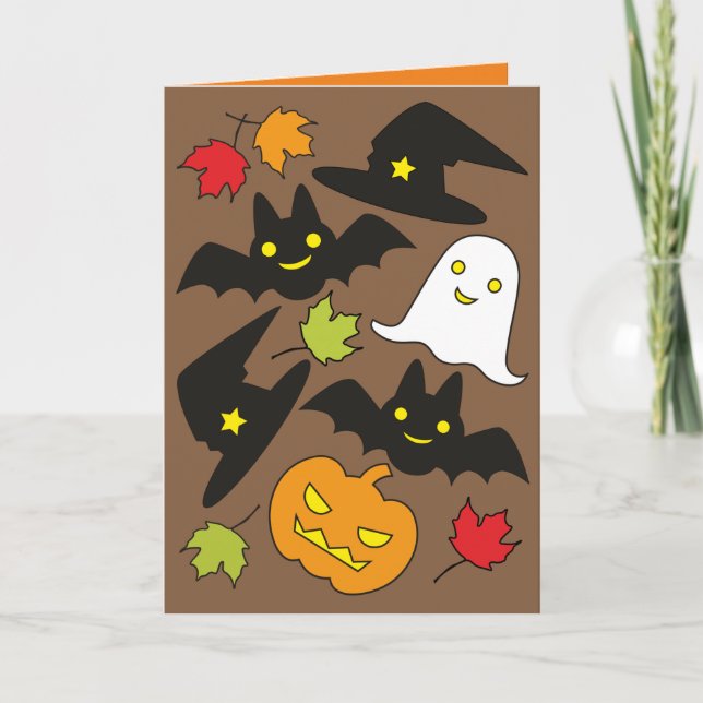 Fun Bats Ghost Hat & Jack O' Lantern Halloween Card (Front)