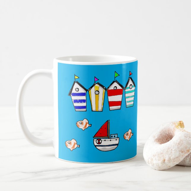 fun beach house & sea boat coffee mug (With Donut)