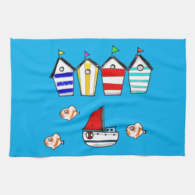 fun beach house & sea boat tea towel (Horizontal)