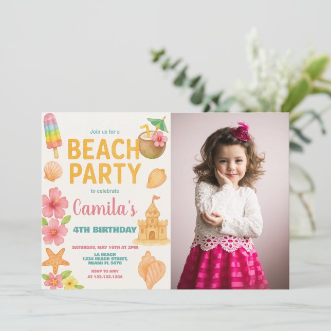 Fun Beach Party Birthday Invitation & Decor (Standing Front)