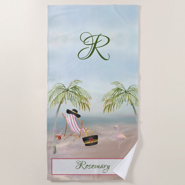 Fun Beach Scene Glam Palm Tree Monogram Name Towel (Front)