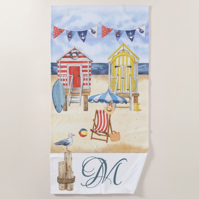 Fun Beach Summer Scene Ocean Monogram Towel (Front)