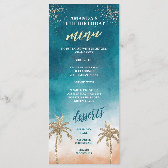 Fun Beachy Teal and Gold Menu (Front)