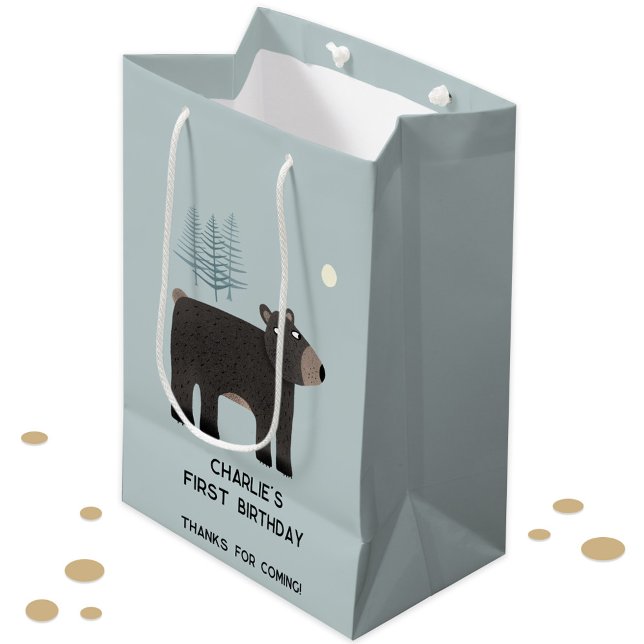 Fun Bear Personalised Age Birthday Medium Gift Bag (Cute bear woodland forest animal personalized kid child birthday age custom text gift bag)