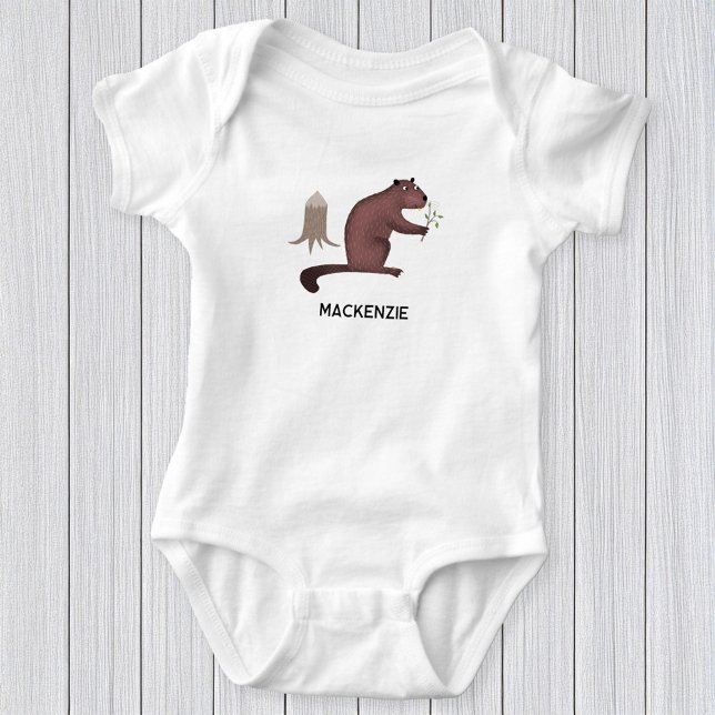Fun Beaver Personalised Name Baby Bodysuit (Fun personalized custom name beaver baby bodysuit for little animal lovers)