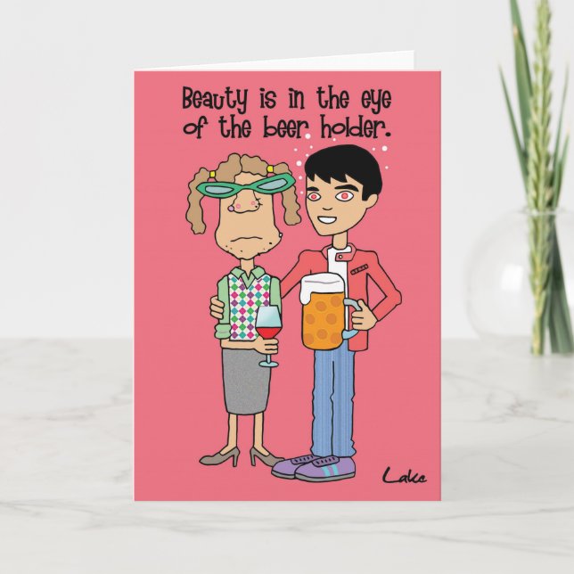 Fun Beer drinking customised cartoon greeting card (Front)